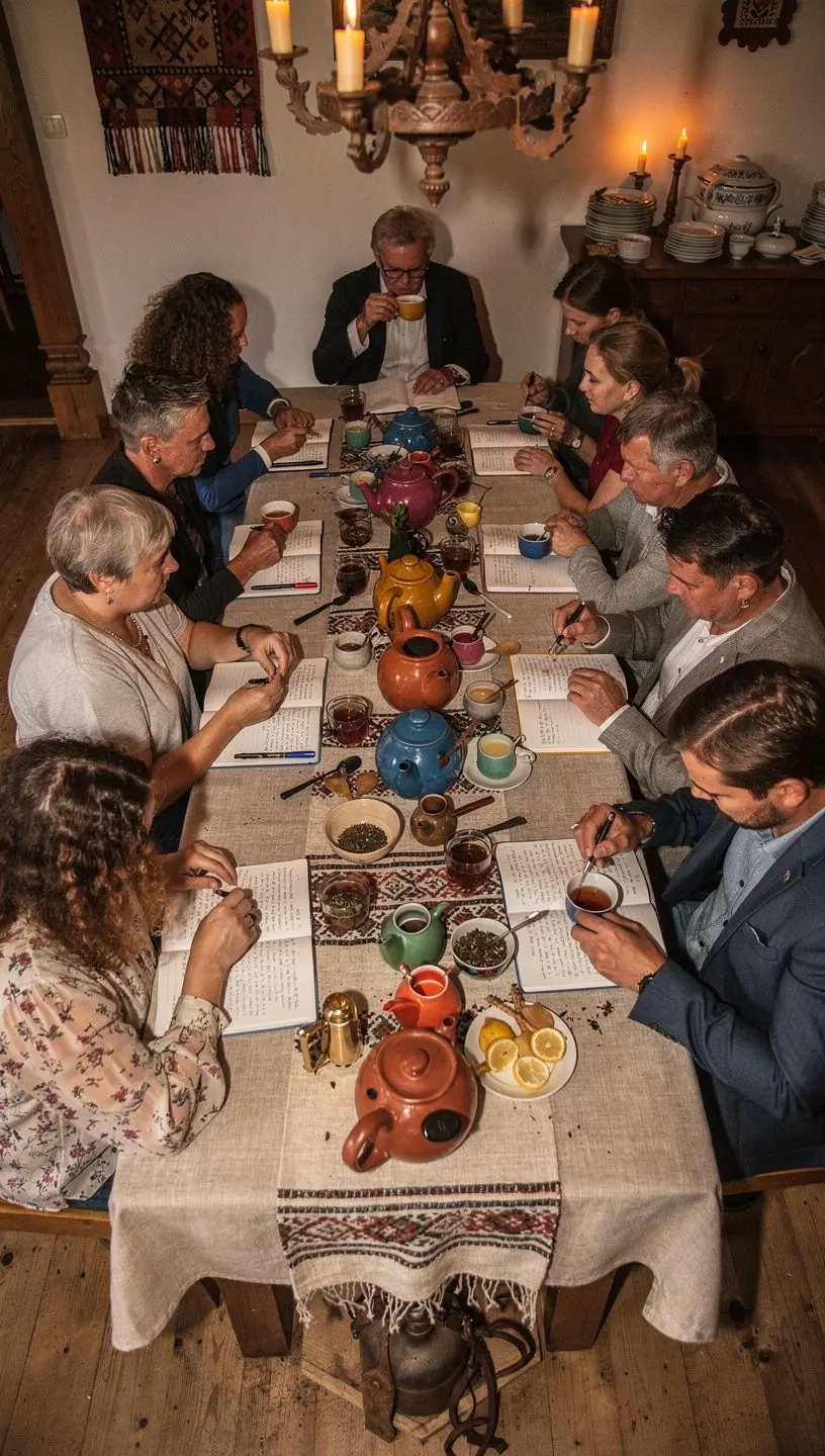 Moters rankos laikantis arbatos puodelį, fone matyti dienoraščio lapai.