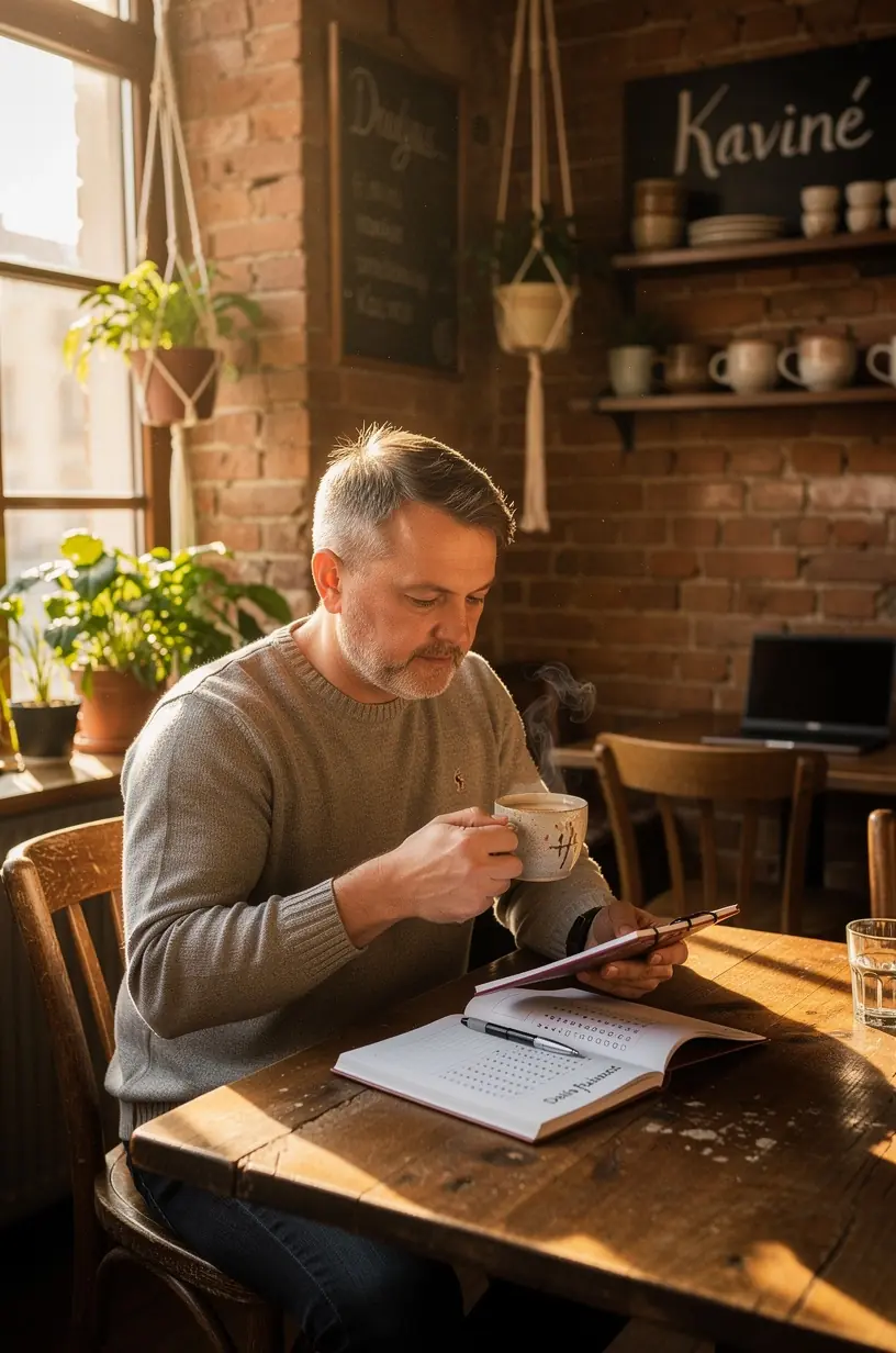 Rami kambario aplinka su arbatos puodeliu ir dienoraščiu, skirta kasdieniam atsipalaidavimui.